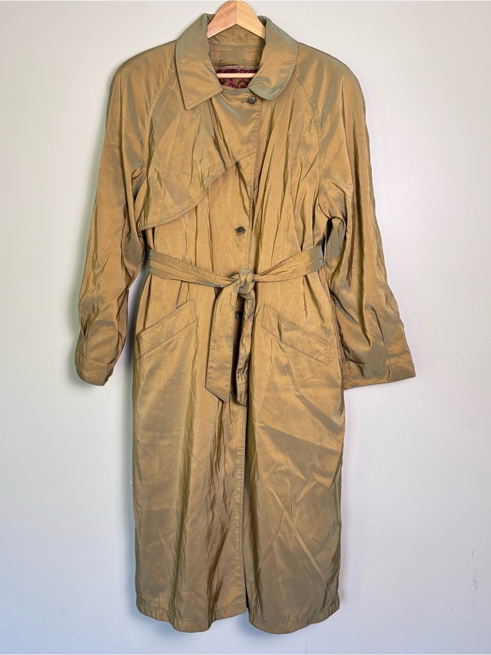 Vintage London Fog Trench Coat-Iridescent Olive Green-Belted-Women's 14 Petite
